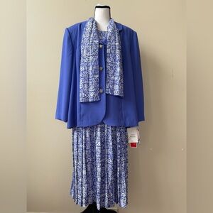 NWT - Leslie Fay - Blue and White Dress Set with Scarf (3 piece)